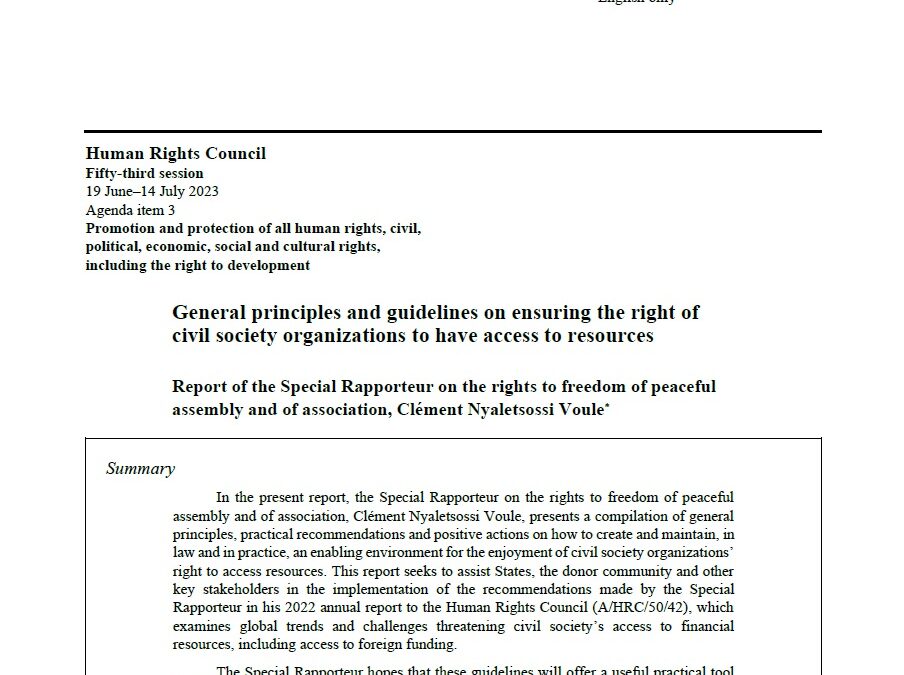 General principles and guidelines on ensuring the right of civil society organizations to have access to resources.